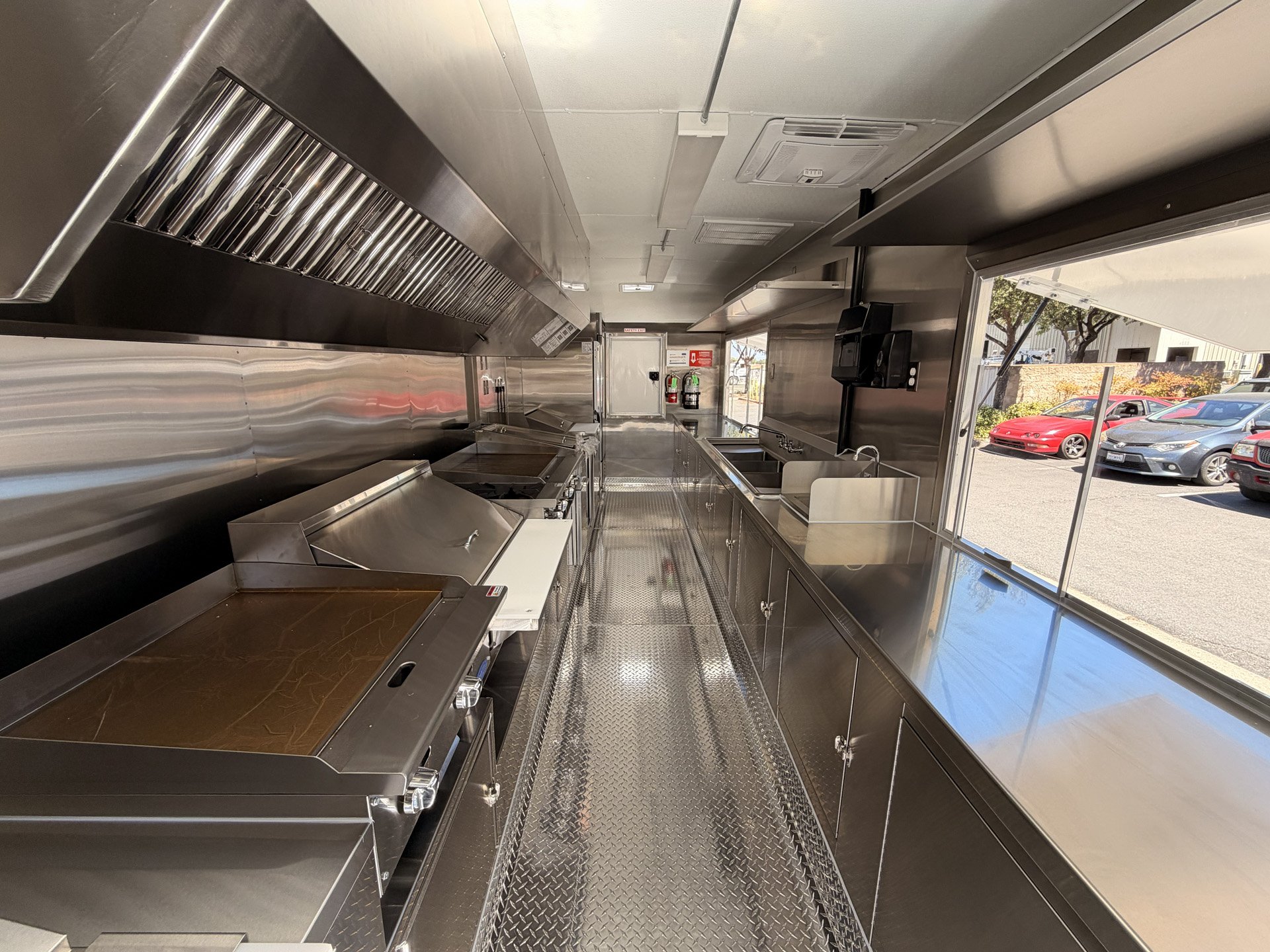 Commercial kitchen layout inside The Salty Buccaneer school food trailer