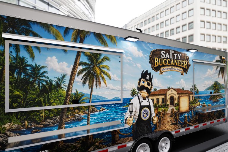 The Salty Buccaneer 22-ft school food trailer with nautical exterior wrap