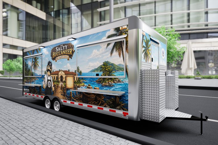 Three-quarter view of The Salty Buccaneer custom school food trailer