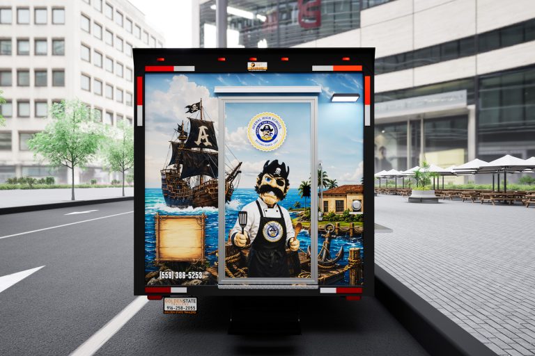 The Salty Buccaneer school food trailer end wrap with pirate mascot