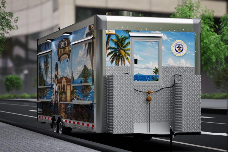 Rear three-quarter view of 22-ft school food trailer with custom wrap