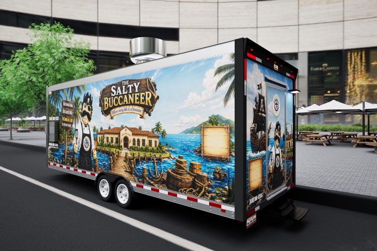The Salty Buccaneer custom school food trailer three-quarter exterior view