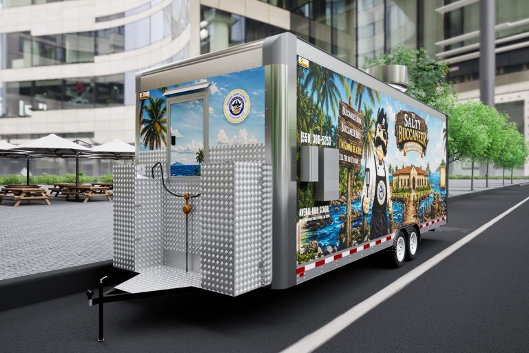 Rear side view of The Salty Buccaneer 22-ft food trailer wrap