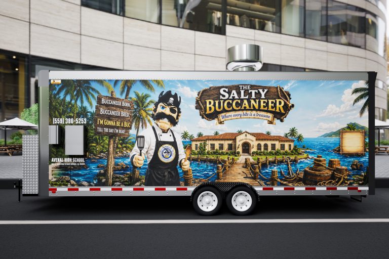Side view of The Salty Buccaneer school food trailer with nautical branding