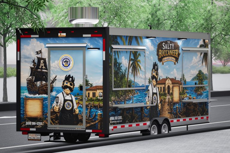 End view of school food trailer with The Salty Buccaneer pirate graphic