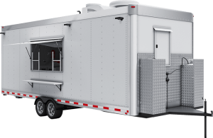 Custom food trailer with a white exterior, concession window, and side access door.