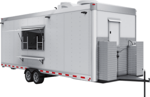 22 ft white commercial food trailer with side serving window, entry door, and tandem axles.