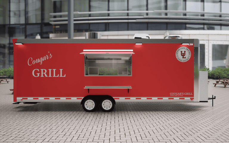 3D side view of Cougar’s Grill 24-ft school food trailer with concession window and red school branding