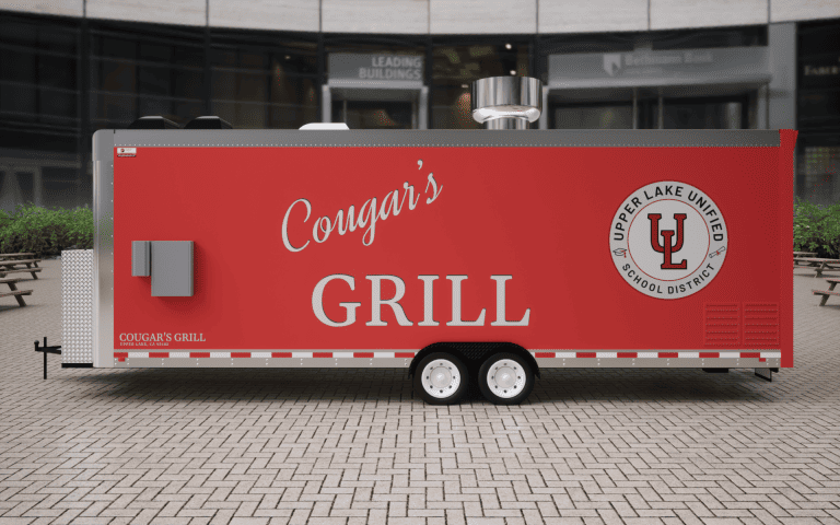 Cougar’s Grill 24-ft school food trailer 3D service-side view with Upper Lake school branding