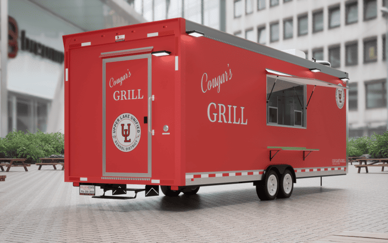 Rear-side 3D view of Cougar’s Grill school food trailer with red Upper Lake branding