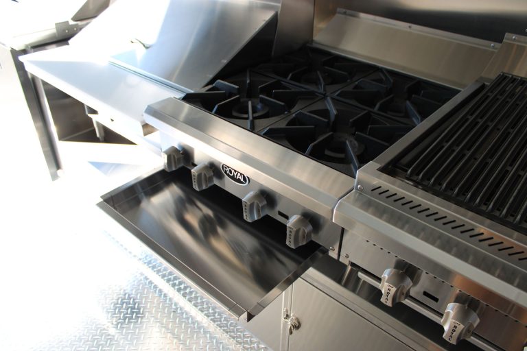 Commercial hot plates in 24-ft school food trailer