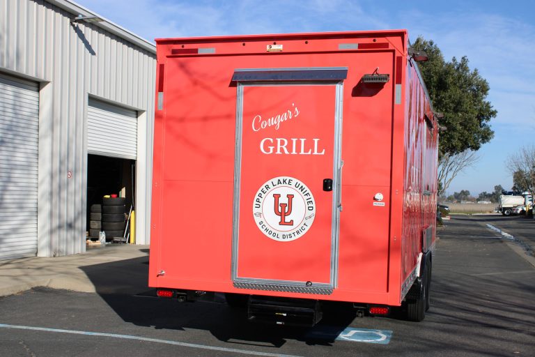 Rear exterior of the completed Cougar’s Grill school food trailer.