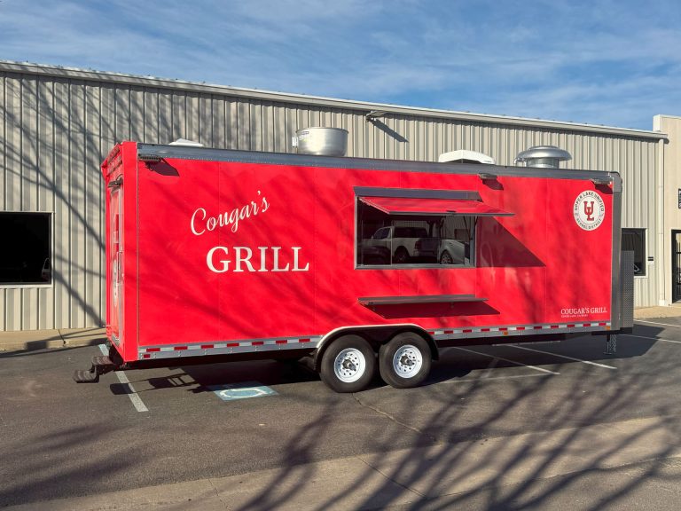 Cougar’s Grill 24-ft school food trailer with red Upper Lake Unified School District exterior branding