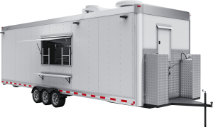 White concession trailer with a side service window, tandem wheels, and rear access area.