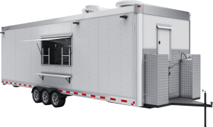 26 ft white commercial food trailer with serving window, triple axles, and front utility compartments.
