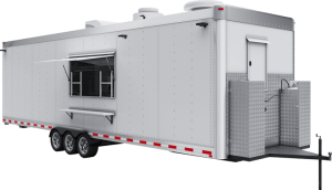 28 ft white commercial food trailer with serving window, triple axles, and rooftop equipment.