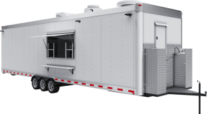 30 ft white commercial food trailer with serving window, triple axles, and rooftop ventilation.
