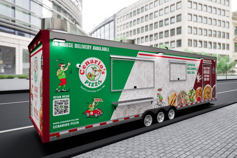 30-ft custom pizza food trailer 3D wrap design with service windows and exterior graphics