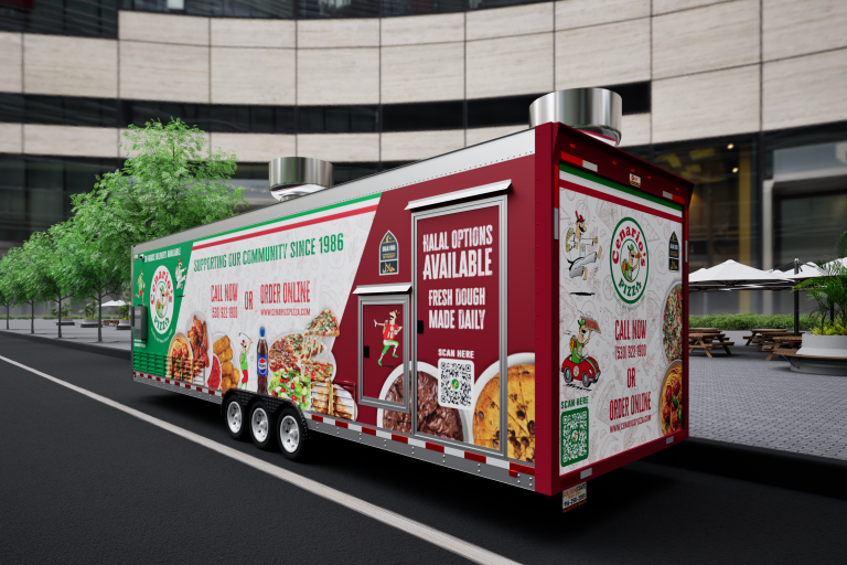 custom pizza food trailer 3D rendering with full wrap, service windows, and rear exterior view