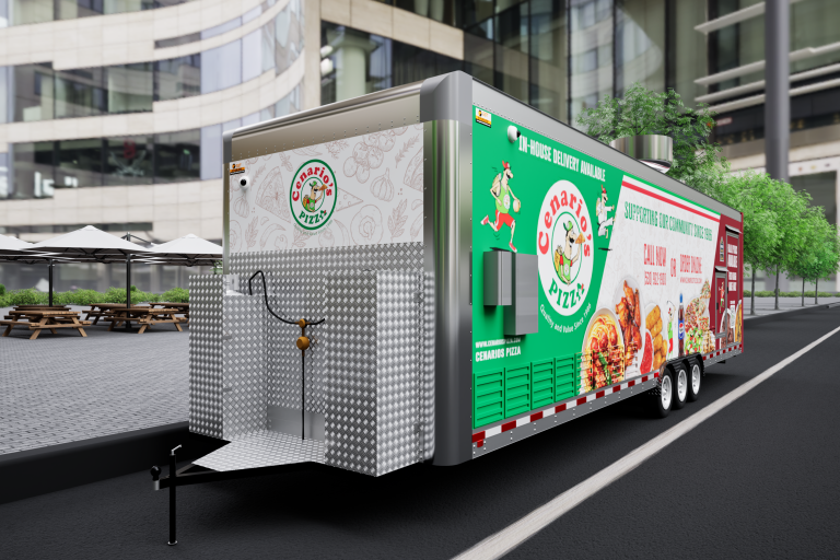 30-ft pizza food trailer 3D rendering with custom wrap and commercial trailer exterior