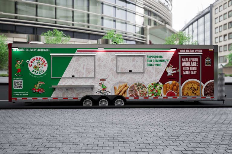 commercial pizza trailer 3D side view with custom food trailer wrap design