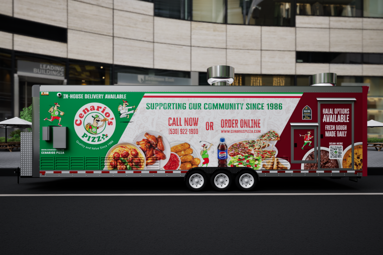 mobile pizza kitchen 3D rendering with full custom wrap and service-side layout