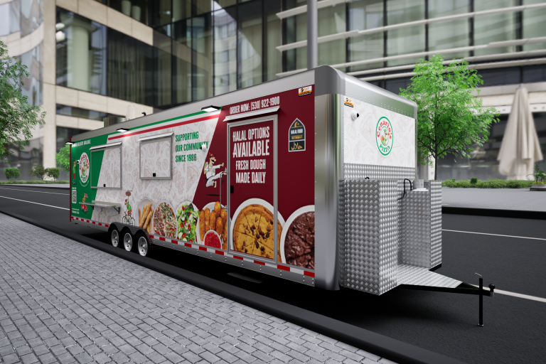 custom pizza trailer 3D rendering with branded wrap and rear exterior details