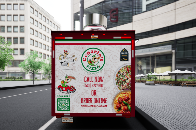 pizza food trailer 3D rear view with custom wrap graphics and exterior branding