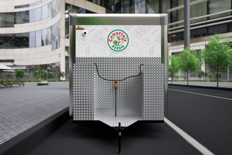 commercial pizza food trailer 3D front view with custom exterior wrap