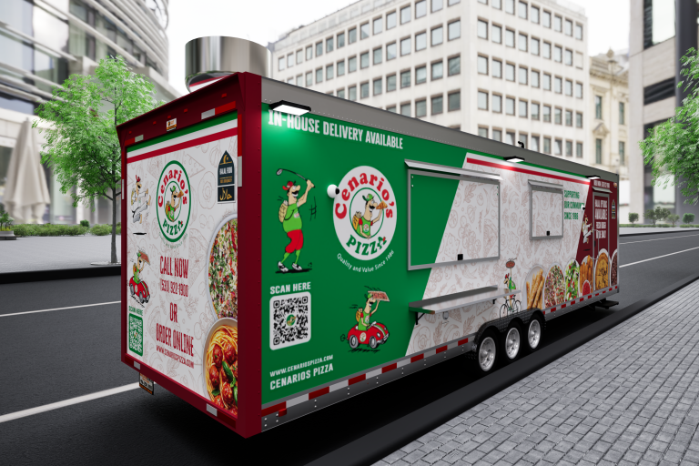 custom mobile pizza kitchen 3D rendering with service windows and full wrap design