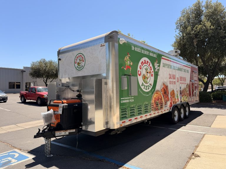 custom commercial pizza trailer front exterior with branded wrap, utility area, and mobile kitchen body