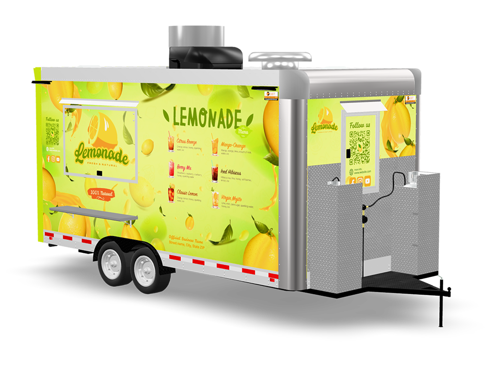 Custom Lemonade Food Trailer with full lemon graphic wrap and serving window