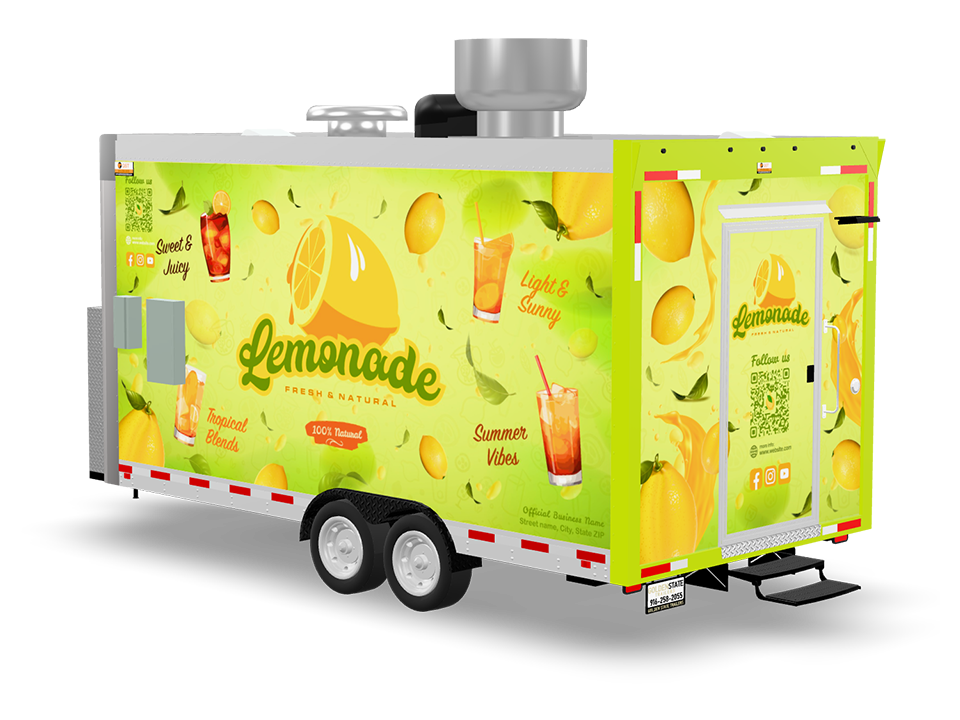 Rear view of custom lemonade food trailer with lemon wrap and entry door