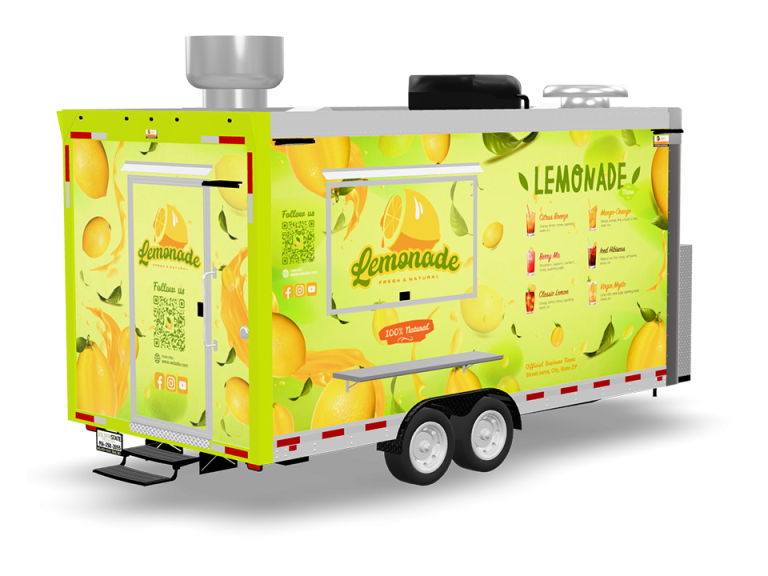 Side view of custom lemonade food trailer with serving window and lemon graphic wrap