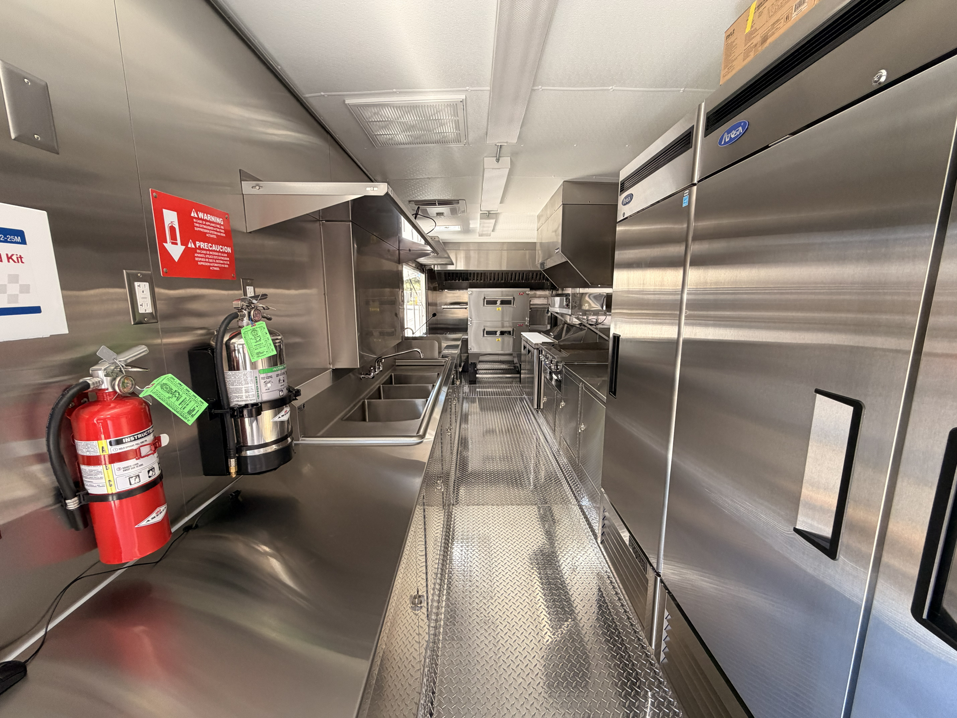 Food trailer sink system with commercial kitchen equipment and refrigeration
