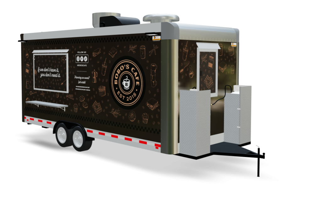 Front three-quarter view of the custom 18-foot coffee food trailer built for BoBo's Cafe, featuring a branded exterior wrap, dual-axle trailer, front propane compartment, rooftop ventilation, and serving window.