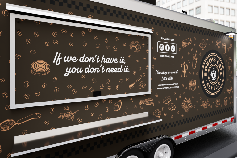 BoBo's Cafe custom coffee trailer exterior wrap service side close up