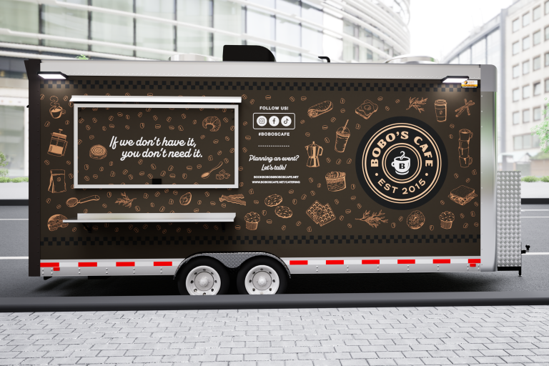 BoBo's Cafe custom coffee trailer service side exterior elevation