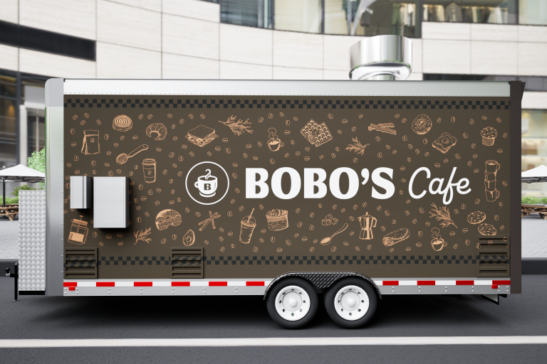 BoBo's Cafe custom coffee trailer driver side exterior elevation