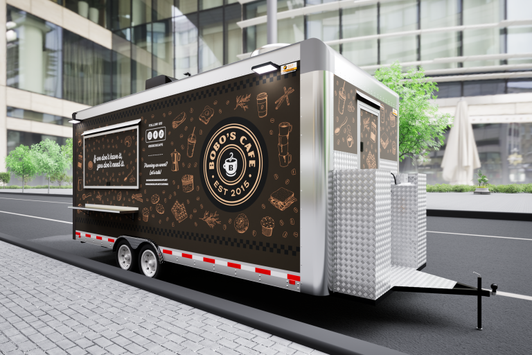 BoBo's Cafe custom coffee trailer driver side rear perspective