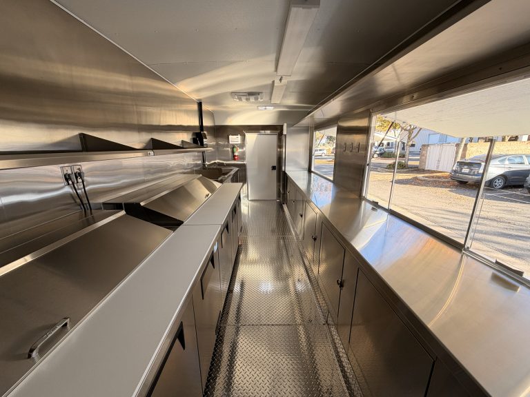 Cooking line and prep counter inside 20ft training food trailer in Bonita CA