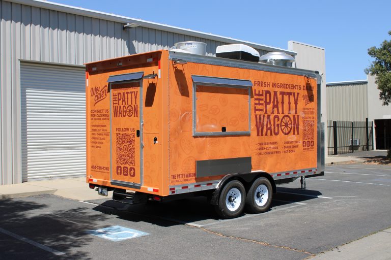 16ft burger food trailer rear three-quarter view orange 3M wrap - The Patty Wagon LLC San Jose CA Golden State Trailers