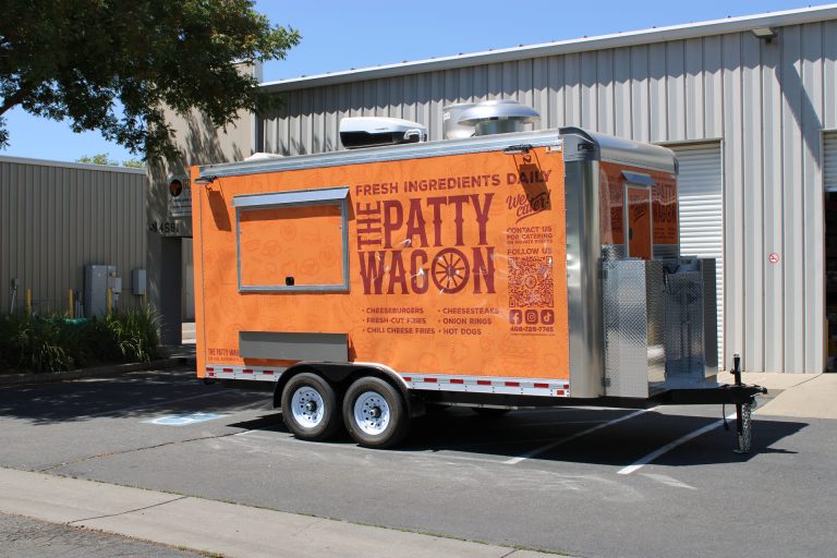 16ft burger food trailer passenger side closed service window orange wrap QR code menu - The Patty Wagon San Jose CA Golden State Trailers