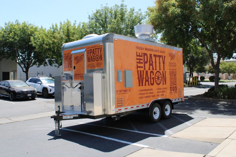 16ft burger food trailer full driver side street view orange 3M wrap service door - The Patty Wagon San Jose CA Golden State Trailers