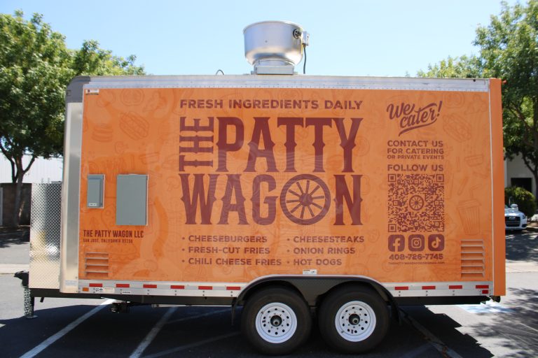 16ft burger food trailer full rear exterior view orange 3M wrap menu branding - The Patty Wagon San Jose CA Golden State Trailers