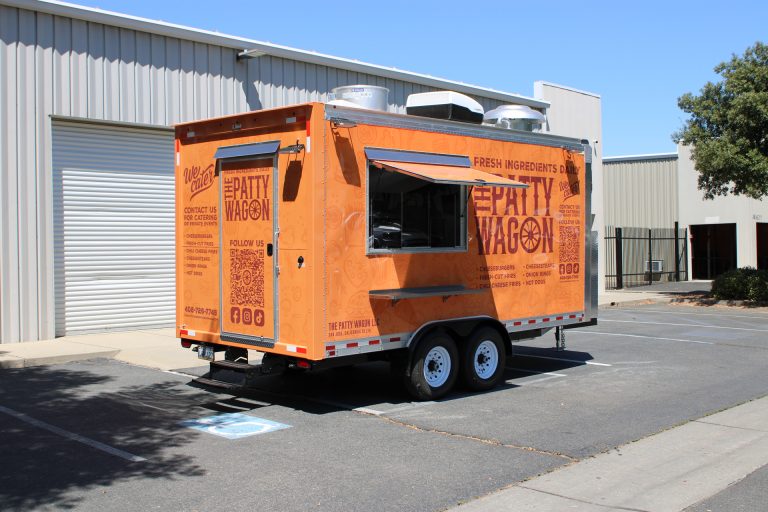 16ft burger food trailer front passenger side three-quarter view orange wrap open service window - The Patty Wagon San Jose CA Golden State Trailers