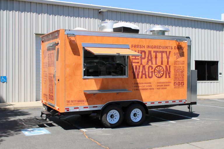 16ft burger food trailer front driver side three-quarter view orange 3M wrap - The Patty Wagon LLC San Jose CA Golden State Trailers