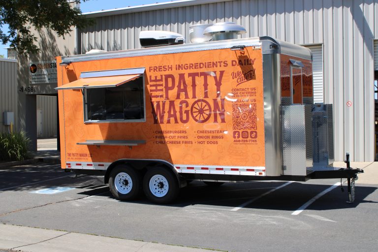 16ft burger food trailer full passenger side street view orange 3M wrap open service window - The Patty Wagon San Jose CA Golden State Trailers
