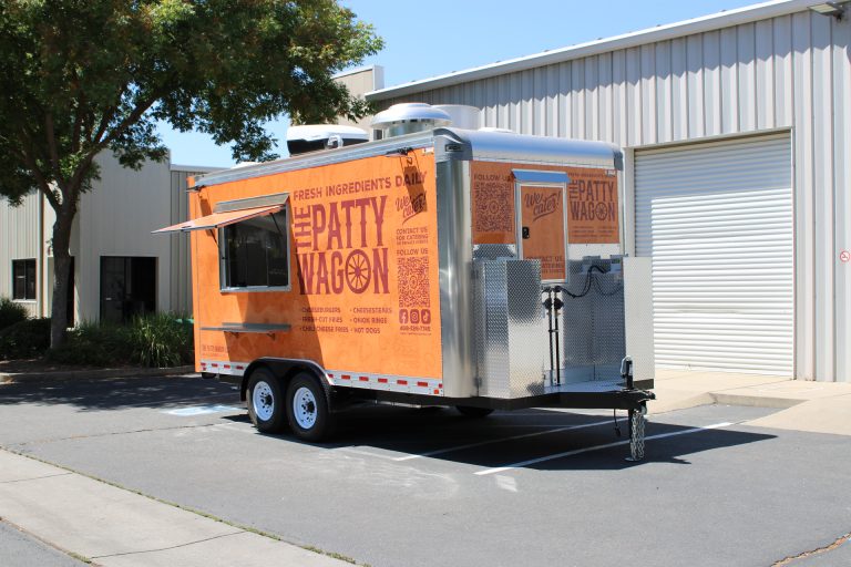 16ft burger food trailer wide front driver side view orange wrap gas connection - The Patty Wagon LLC San Jose CA Golden State Trailers