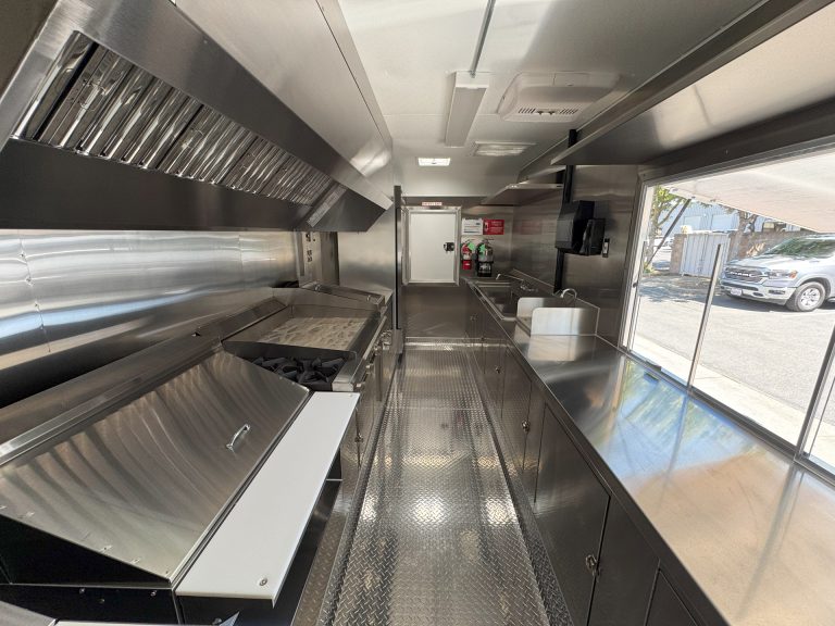 16ft burger food trailer full interior length view stainless steel cook line cabinets diamond plate floor - The Patty Wagon San Jose CA Golden State Trailers